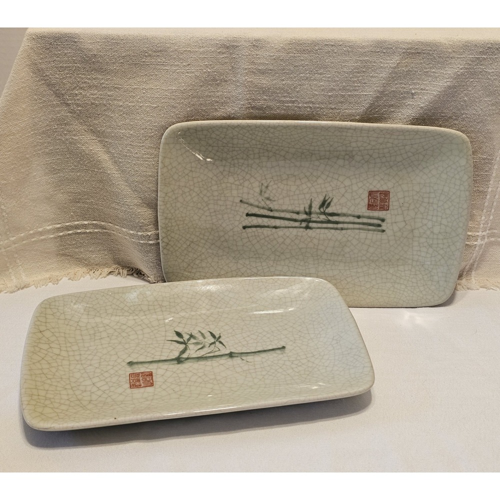 Vintage Cordon Bleu Ancien Celadon Paddle Green Crackle Glaze Bamboo Plates